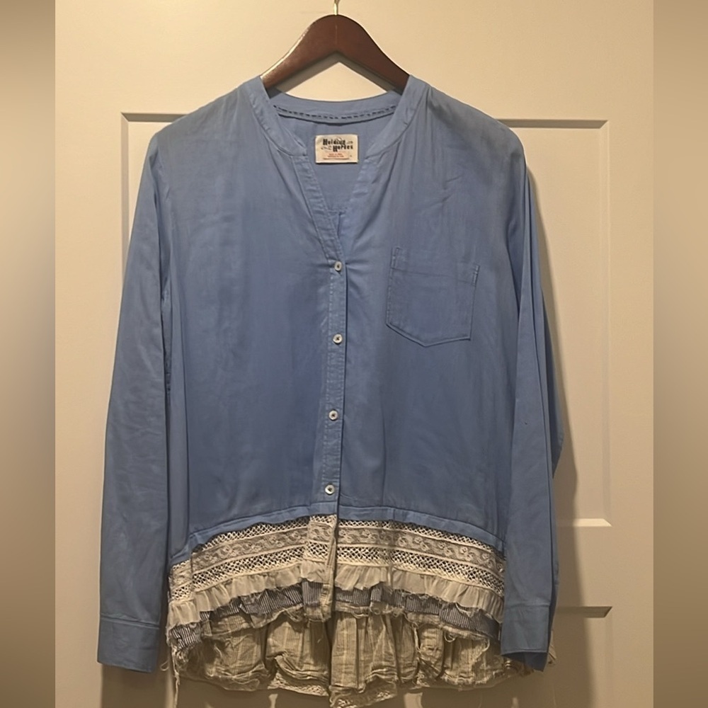 Holding Horses Blue Button-Up Top with Lace Trim